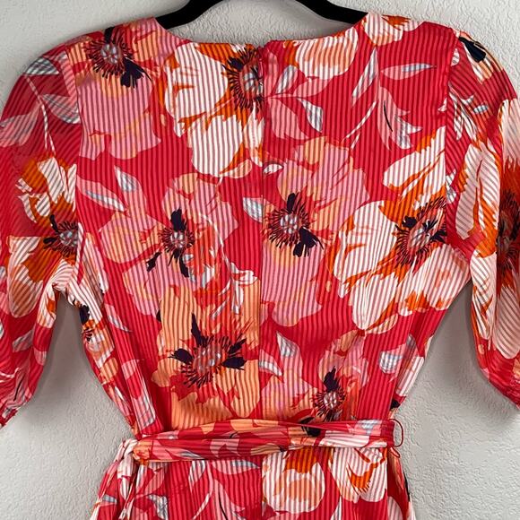 Tahari ASL Ruffle Hem Tie Waist V-Neck Short Sleeve Pink Floral Mini Dress 2 NWT - Picture 12 of 16